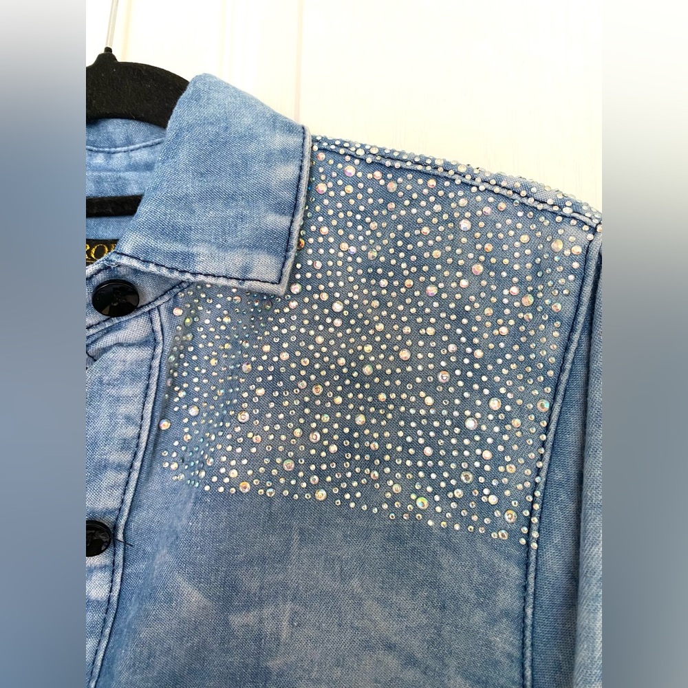 KROIX Cotton Rhinestones Details Raw Hem Hi Lo Denim Button-Up Shirt Dress Sz M - Picture 7 of 17
